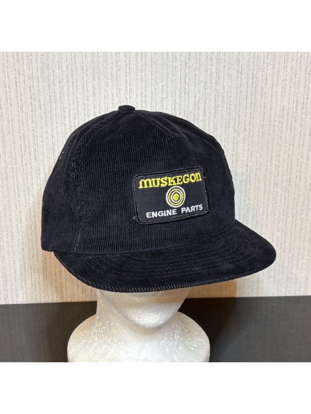 Vintage Muskegon Engine Parts Hat Black Corduroy 5 Panel w/ Patch Snapback USA